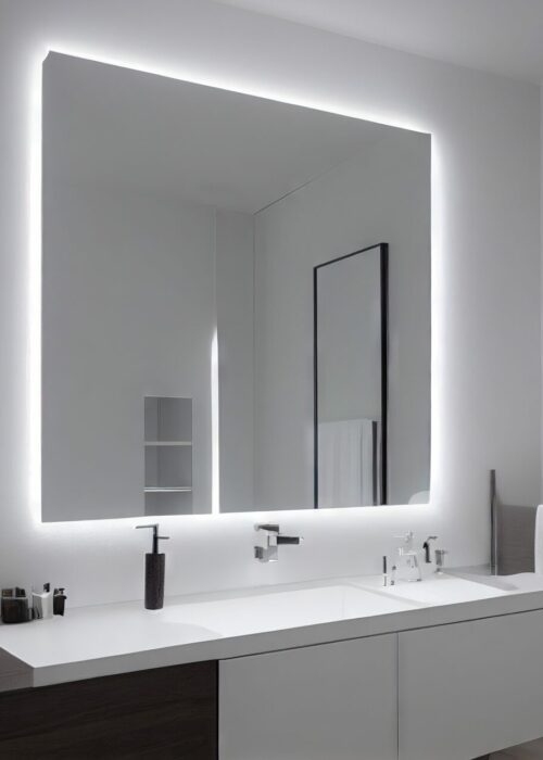 Bathroom interior with wooden finishes and large mirror on wall