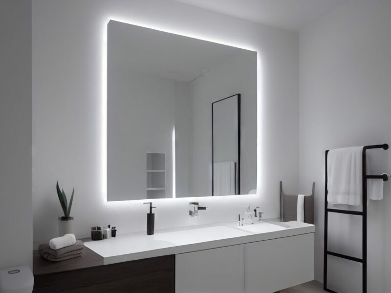 Bathroom interior with wooden finishes and large mirror on wall